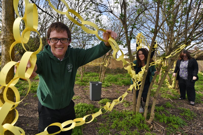 Woodston primary school hanging yellow paper chains around  trees on the school field to remember one year since the first Covid 19 lockdown. Craig Phillips with Sharon Davey  and Andrea Hatfield EMN-210323-153109009