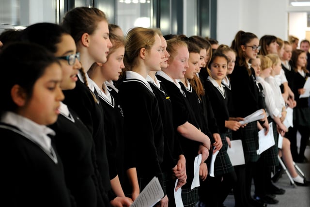 Official opening at Millais School, Horsham. Girls singing to visitors ( don't know if ok because of parental consent) Pic Steve Robards SR1526830 SUS-150312-160635001