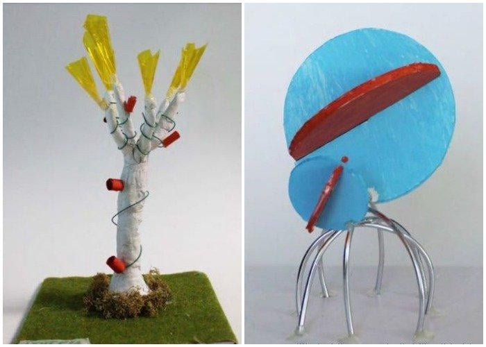 Tree and yellow flares, left, and ball on curvy stilts