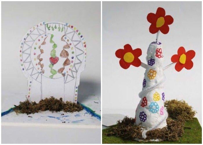 Connecting half circles, left, and trees and flowers
