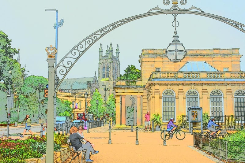 Linden Avenue, the Royal Pump Room and Baths and All Saints Parish Church on  August 2 2020 by Allan Jennings. The original iron arches, with gas lighting, date to 1875. The Linden Arches were restored to celebrate the Silver Jubilee of Queen Elizabeth II in 2012.