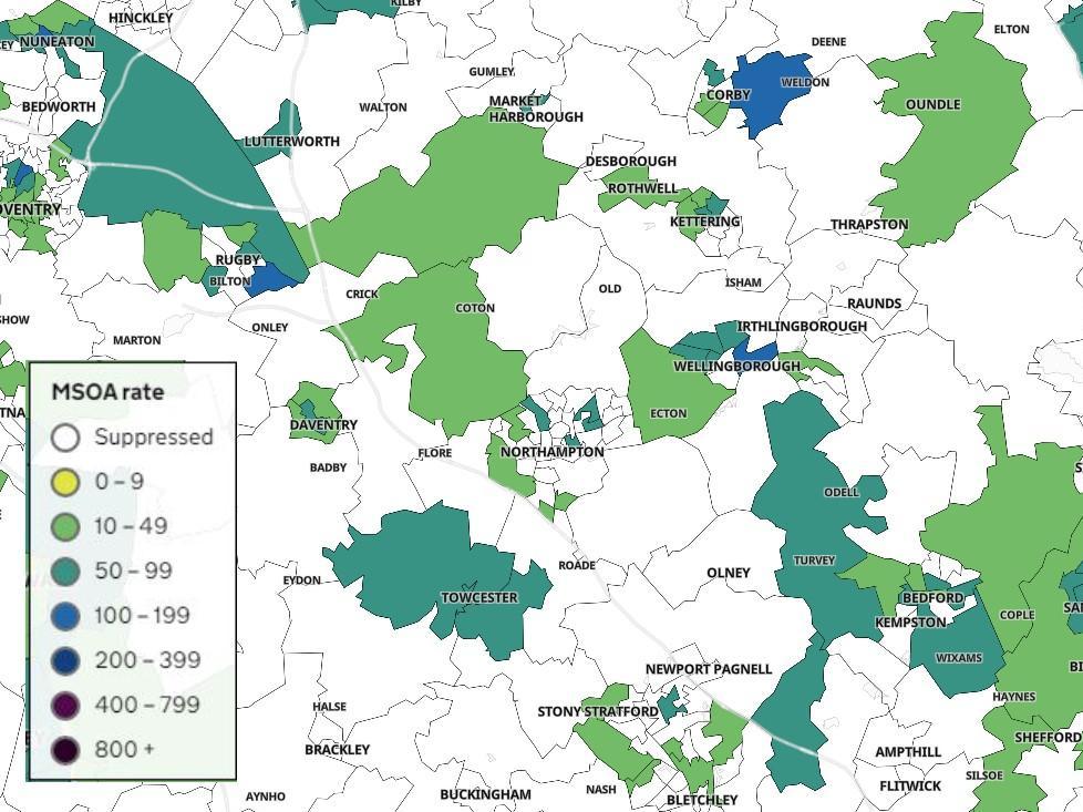 How Northamptonshire's Covid map looks with white areas showing neighbourhoods and villages with fewer than three cases in the last week