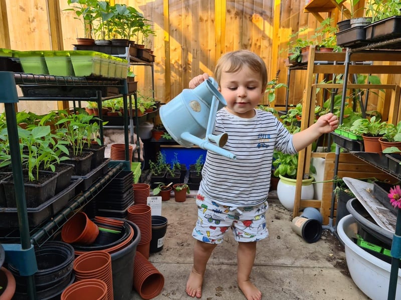 Two-year-old Hartley also helps with the watering