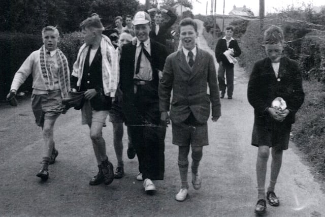 Members of First Portadown Boys' Brigade (Thomas Street Methodist) pictured on the Ballymaconnell Road, Bangor during their annual camp in 1957. Included in this photograph taken by Mr. William Coulter (Company Captain) are ; Ronnie Gordon,
Bobby Wilkinson, Tom Preston, Rodney Boyd, Errol McCrory, Denis McAuley, Howard Crowe, _________ ? Best (Jervis Street), Jimmy Forde and Wesley Wood.
Thanks to Mr. Errol McCrory for the loan of the photograph and for providing the names