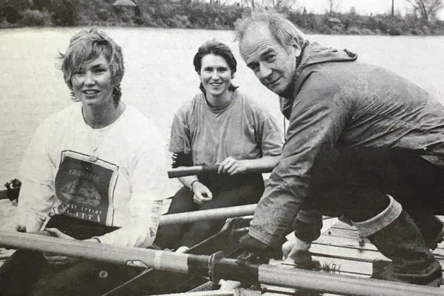Portadown rowers Carol Scullion and Brenda McCleary receive a few tips from John Armstrong during training in 1993