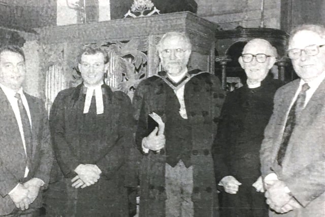 The Moderator at the General Assembly, the Rt Rev John Dunlop, visited Dundrod Presbyterian Church in 1993 to celebrate the renovation of the building. Also included are Minister Emeritus the Rev David McKinney, rev J Issac Thompson, and Clerk at Kirk Session Mr Andrew Pinkerton
