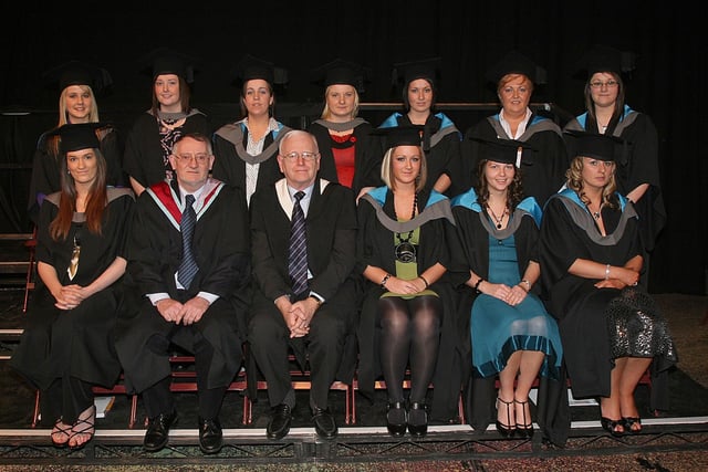 Students who received their CMI Diploma in Management, JEB Diploma in Education Practice: ICT Skills, JEB 3 Certificate in education Principal & Practice and CIPD in Professional Development Scheme, at the North West Regional College annual Graduation ceremony held in The Millennium Forum. Included is Seamus Murphy, college director and Arthur Rainey, governor. (1501T01)