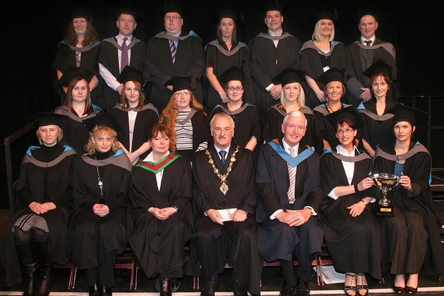 Students who received their HND in Health & Social Care at the North West Regional College annual Graduation ceremony held in The Millennium Forum. Included is the Mayor of Derry Alderman Drew Thompson, guest speaker Eamonn Beattie, Chair of the College Governing Body and Ellen Cavanagh, governor. (1601T01)