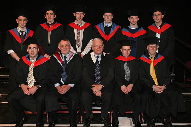Students who received their HND in Leisure Management, Foundation Science Degree in Travel & Tourism Management, Foundation Arts Degree in Hospitality & Tourism Management and Certificate in Higher Education in Travel & Tourism Management, at the North West Regional College annual Graduation ceremony held in The Millennium Forum. Included is Seamus Murphy, college director and Arthur Rainey, governor. (1301T01)