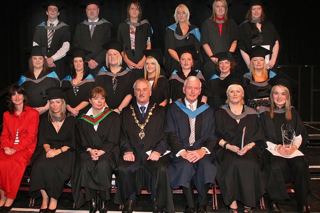 Students who received their RSA Higher Diploma in  Administration & secretarial Procedures and SQA HNC in Administration & Information Management at the North West Regional College annual Graduation ceremony held in The Millennium Forum. Included is the Mayor of Derry Alderman Drew Thompson, guest speaker Eamonn Beattie, Chair of the College Governing Body and Ellen Cavanagh, governor. (1401T01)