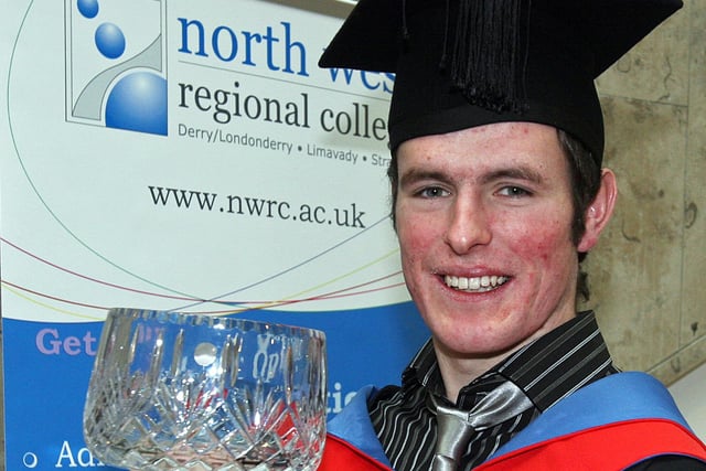 Brian Grant, from Clonmany, Co.Donegal, top student in HND Civil Engineering, collecting his award at the North West Regional College annual Graduation ceremony held in The Millennium Forum.(0301T01)