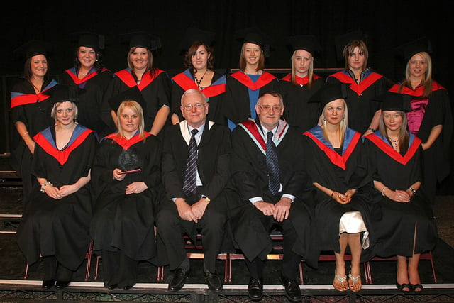 Students who received their HND in Early Childhood Studies, at the North West Regional College annual Graduation ceremony held in The Millennium Forum. Included is Seamus Murphy, college director and Arthur Rainey, governor. (1701T01)