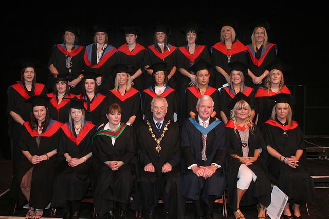 Students who received their HND in Early Childhood Studies, at the North West Regional College annual Graduation ceremony held in The Millennium Forum. Included is the Mayor of Derry Alderman Drew Thompson, guest speaker Eamonn Beattie, Chair of the College Governing Body and Ellen Cavanagh, governor. (1801T01)
