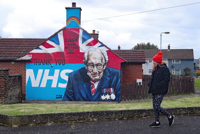 The mural tribute to Colonel Tom Moore on his 100th birthday in Clonduff, east Belfast.