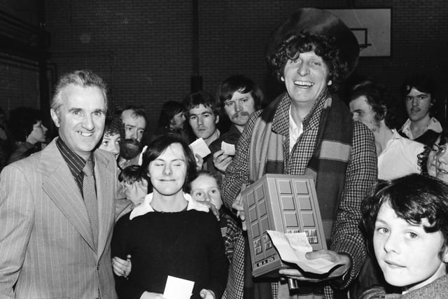 Tom Baker dropped into Brooke Park Leisure Centre during his flying visit to Derry. He's seen here with centre manager, Mickey Doherty.