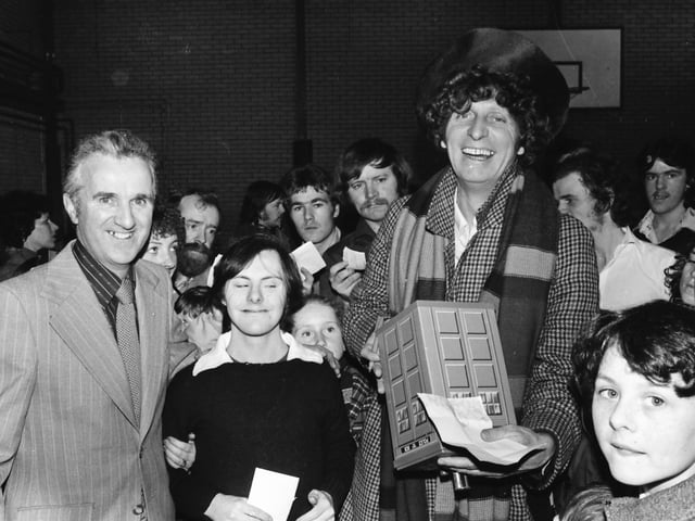 Tom Baker dropped into Brooke Park Leisure Centre during his flying visit to Derry. He's seen here with centre manager, Mickey Doherty.