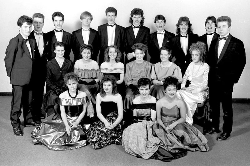 Pictured at the St Columb's College formal in December 1987 are, at front, Shauna Cusack, Donna Doherty, Nicola Bonner and Christina Aquino. Seated are Marie Harley, Brona McDowell, Shonagh Higgenbotham, Sorcha Lynch, Rachael McCarron and Shakira Nelis. At back are Philip McLaughlin, Samuel Irvine, Declan McLaughlin, Pearse Moore, Colm Hegarty, Michael McDaid, John Cassidy, Michael McCartney, Joseph Guille and Sean Cassidy.