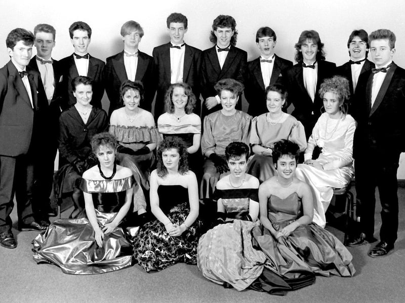 Pictured at the St Columb's College formal in December 1987 are, at front, Shauna Cusack, Donna Doherty, Nicola Bonner and Christina Aquino. Seated are Marie Harley, Brona McDowell, Shonagh Higgenbotham, Sorcha Lynch, Rachael McCarron and Shakira Nelis. At back are Philip McLaughlin, Samuel Irvine, Declan McLaughlin, Pearse Moore, Colm Hegarty, Michael McDaid, John Cassidy, Michael McCartney, Joseph Guille and Sean Cassidy.