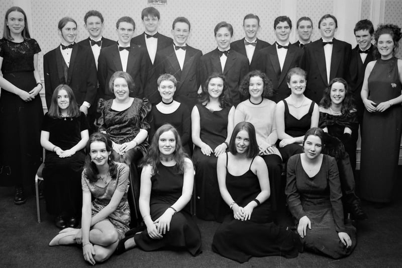 Guests pictured at the 1995 St Columb's College formal.  Front, from left, Louise Gallagher, Dana Sweeney, Elaine McLaughlin and Rachael Johnston. Seated, from left, are Marie Therese Brady, Maria Sweeney, Joanne McCool, Andrea Lynch, Judith Parkhill, Anna Louise McQuilkin and Anne Marie McIvor. At back are Gilah McCarroll, Brendan McDaid, Columb O'Reilly, Niall McCarroll, Martin Gormley, Tom Doyle, Peter Murphy, Leslie Campbell, Declan Callaghan, Michael Murphy, Michael Hutton, Cormac Downey and Jennifer Conaghan.