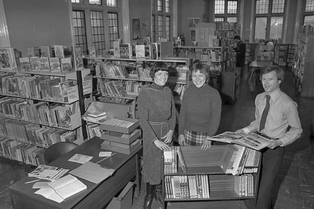 Booking in: In the Belfast area one library supplied books to every school, from nursery school right through to secondary school. It was in a red brick building on the Donegall Road in the city. Pictured in January 1981 at the Donegall Road are librarians Dawson Simpson, Thelma Young and Debbie Sherley. Picture: News Letter archives
