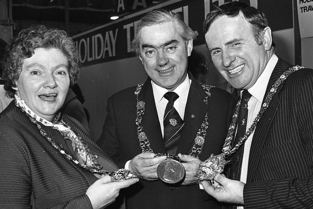 A day out at the Holiday and Leisure Exhibition in Dublin in January 1981 paved the get together by the Lord Mayor of Dublin, Alderman Fergus Oâ€TMBrien, centre, the Mayor of Londonderry, Alderwoman Marlene Jefferson and Alderman John Carson, Lord Mayor of Belfast. Picture: News Letter archives