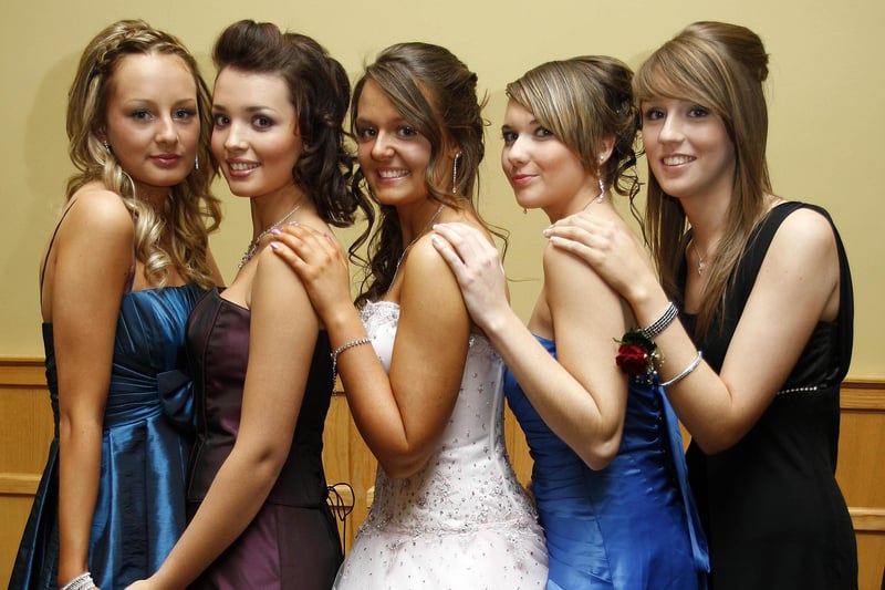 Stephanie Nevin, Cora-Lee Johnston, Lauren McKinney, Claire Brereton and Rebecca Duff pictured during the Coleraine High School 5th form formal at the Royal Court Hotel on Friday. CR48-PL