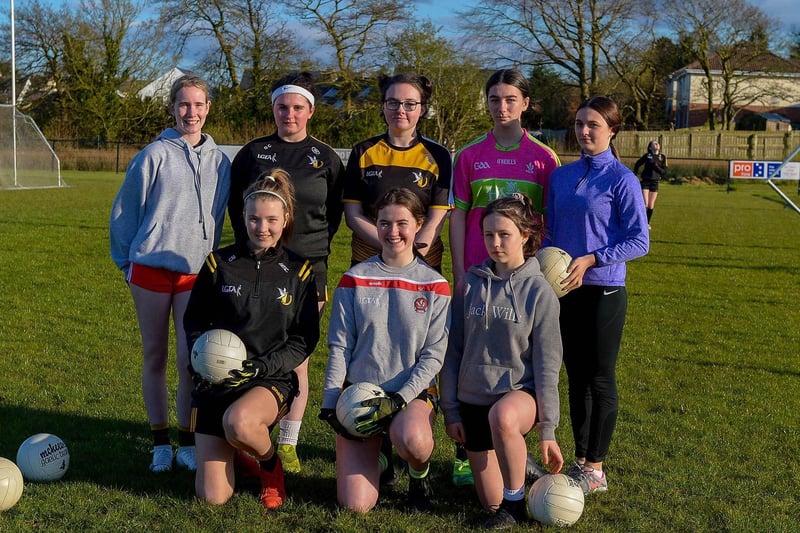 Doire Colmcille girls from the U14 and Under 16  football teams pictured at training following the easing of lockdown restrictions. DER2115GS – 043