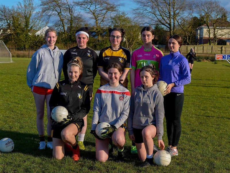 Doire Colmcille girls from the U14 and Under 16 football teams pictured at training following the easing of lockdown restrictions. DER2115GS – 043