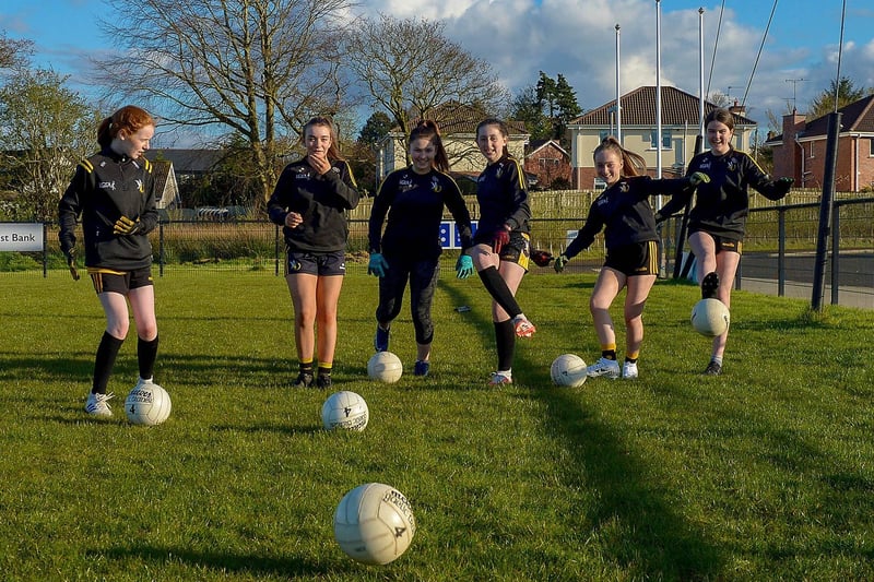 Girls from Doire Colmcille resume, at Pairc Colmcille, training following the easing of lockdown restrictions. DER2115GS – 039
