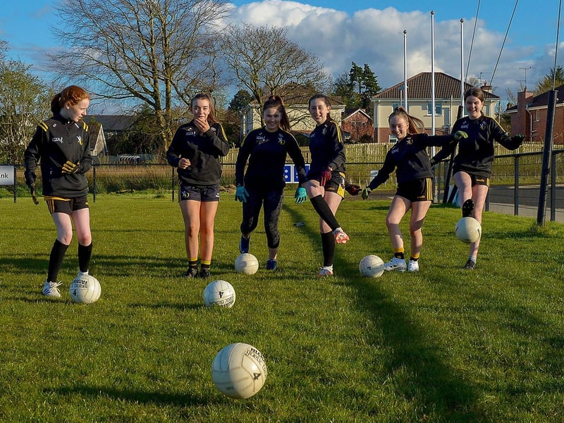 Girls from Doire Colmcille resume, at Pairc Colmcille, training following the easing of lockdown restrictions. DER2115GS – 039