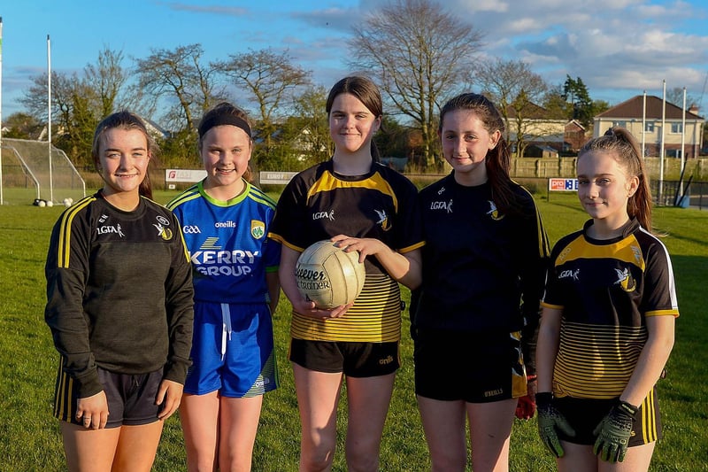 Doire Colmcille Under 14 footballers Eimear Nash, Clara Casey, Aoibhenn Casey, Dervla Coyle and Aveen O’Doherty are due to take part in the upcoming county trials for Derry. Photos: George Sweeney.  DER2115GS – 41