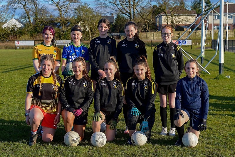 Doire Colmcille girls from the U14 and Under 16 teams pictured at the resumption of training following the easing of lockdown restrictions. Photos: George Sweeney. DER2115GS – 042