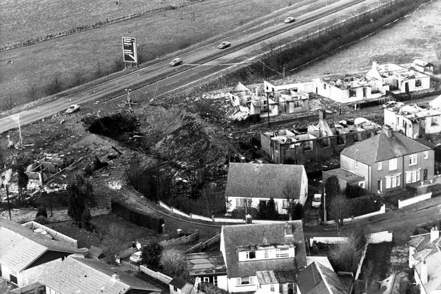 Aerial of the A74, the crater at Sherwood Crescent and Sherwood Park, Lockerbie.