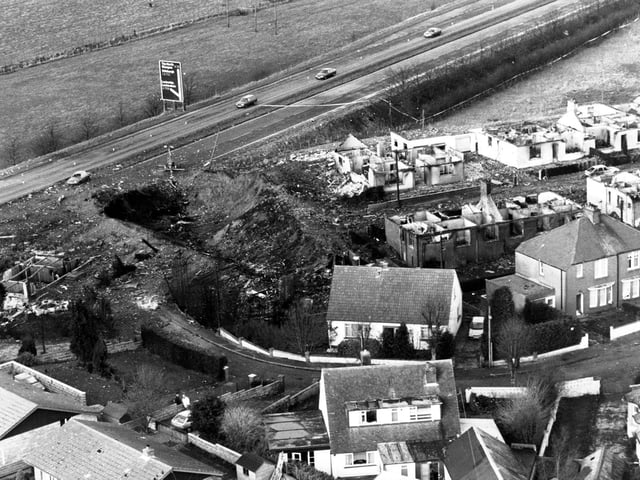 Aerial of the A74, the crater at Sherwood Crescent and Sherwood Park, Lockerbie.