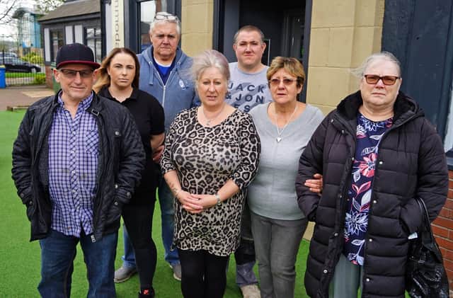 Staveley businesses/residents angered over town regeneration plans. Seen Briany and Billy Cooney, of the Old Rectory Guest House; Keith Bannister owner Harleys bar; Paula Smith of Hair with Attitude; Simon Bannister of Tillys tavern; Linda Bannister of Harveys bar and Emma Watson manager Harveys bar.