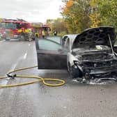 The Ford Mondeo burst into flames, closing one lane of the A617 towards Chesterfield.