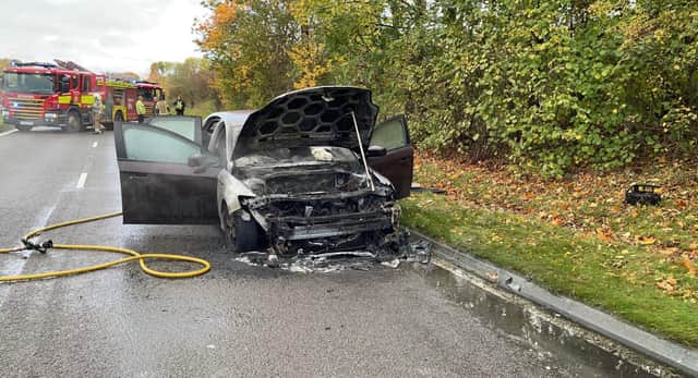 The Ford Mondeo burst into flames, closing one lane of the A617 towards Chesterfield.