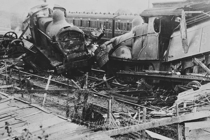 The aftermath of a head-on collision between a London, Midland & Scottish Railway (LMS) express from Manchester and a goods train, at Hope Station, September 3 1925. Both trains were derailed and three people were killed in the accident, which was the result of a signalling error. (Photo by Evening Standard/Hulton Archive/Getty Images)