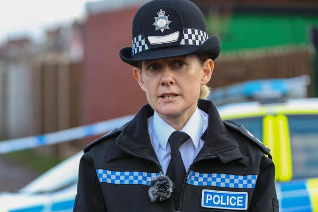 Chief Superintendent Hayley Barnett speaking to the media at the crime scene on Station Road, Langwith Junction.