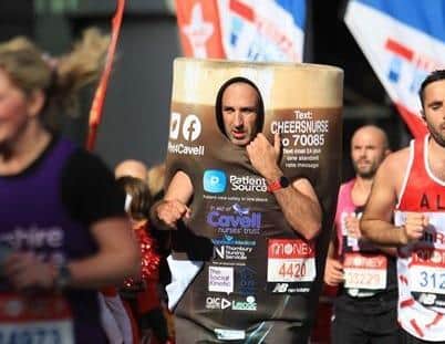 Joan Pons Laplana took part in the London Marathon dressed as a pint of beer.
