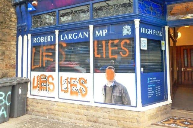 Derbyshire police are investigating after High Peak Tory MP Robert Largan's Whaley Bridge office was vandalised. Picture courtesy of the Whaley Bridge Chronicle.