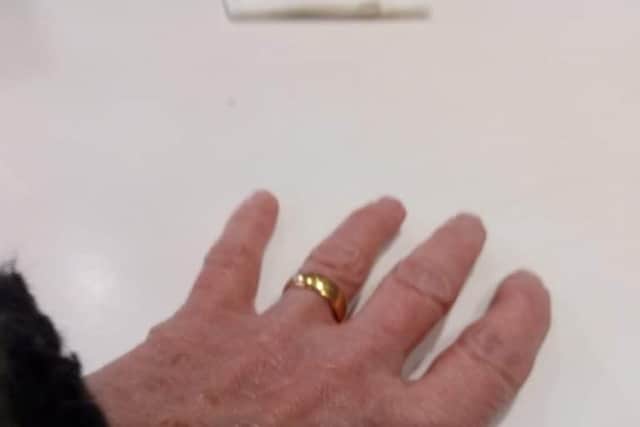 Peggy’s ring was found lodged under a fixture in the shop.