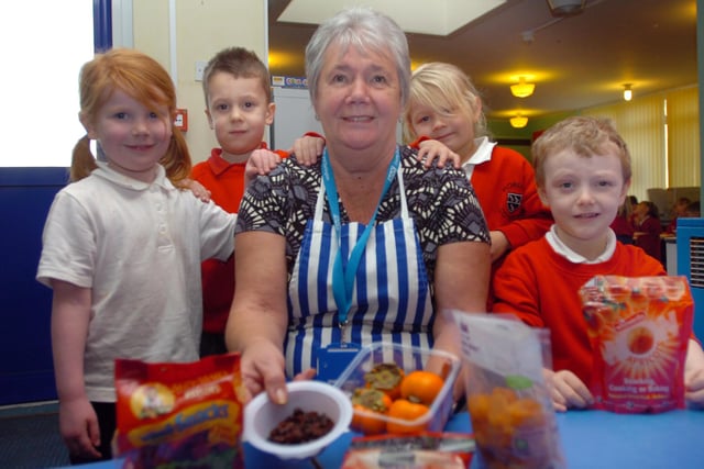 Cotsford Infants School pupils were joined by Margaret Walker, a volunteer with the County Durham and Darlington Primary Care Trust for this healthy eating day in 2008.