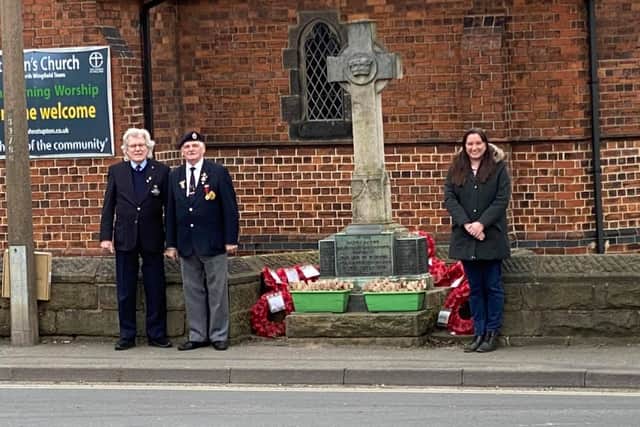 Tupton's representatives of the Royal British Legion, chairman Tony Waters and Trevor Higginson with Tupton Parish Council chairman Camille Ramshaw at the war memorial where wreaths will be laid on Monday.
