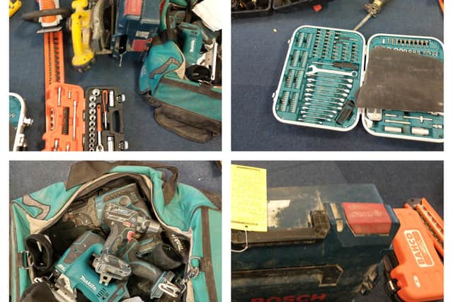Police are appealing for help identifying the owners of these number of power tools that are believed to have been stolen in Derbyshire. Image: Derbyshire police.