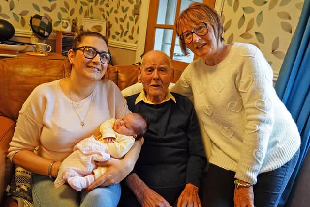 Laurence with his granddaughter Adele Waite, daughter Jo Ellis and the latest arrival in the family, Edna.