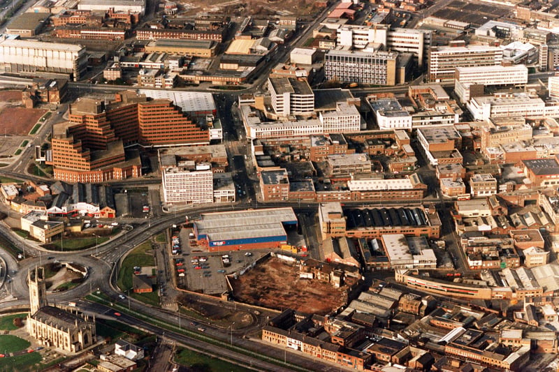 A quite different-looking area around Sheffield Moorfoot in the 1990s. St Mary's Church is bottom left.