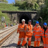 Cllr Charlotte Cupit with teams from Network Rail at Clay Cross tunnel