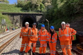 Cllr Charlotte Cupit with teams from Network Rail at Clay Cross tunnel