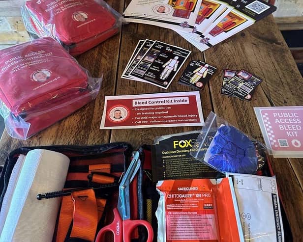 The Bleed Control Kits are stocked with a range of items designed to help control a catastrophic bleed, including a trauma dressing, gauze dressing, chest seal, tourniquet, gloves, and scissors.